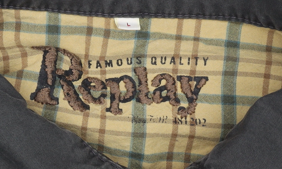Replay Mens Black Cotton Zip Utility Jacket L Logo Pockets