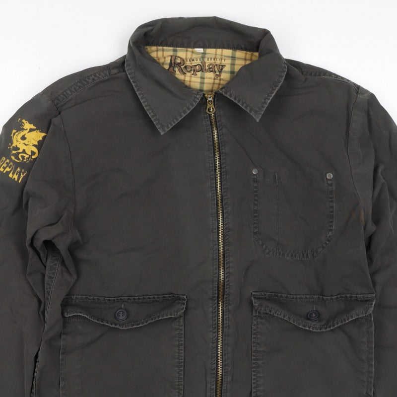 Replay Mens Black Cotton Zip Utility Jacket L Logo Pockets