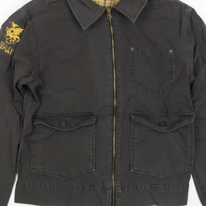 Replay Mens Black Cotton Zip Utility Jacket L Logo Pockets