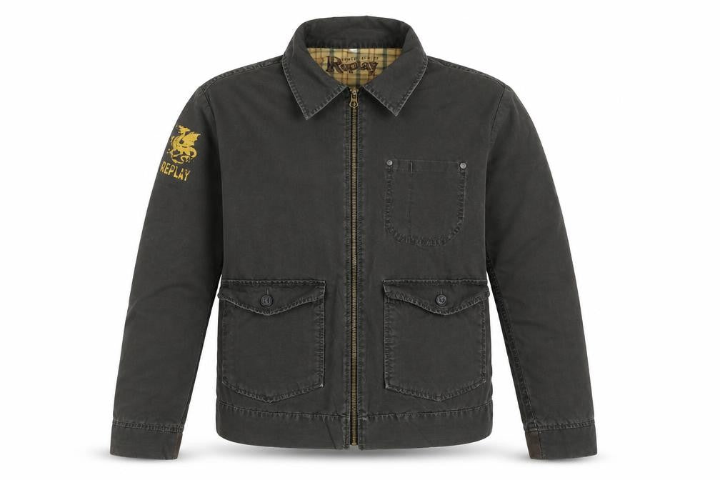 Replay Mens Black Cotton Zip Utility Jacket L Logo Pockets