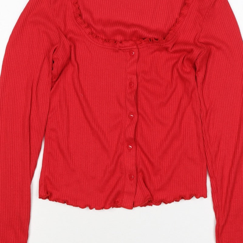 Boux Avenue Women Red UK 8 Ribbed Square Neck Button-Up Top