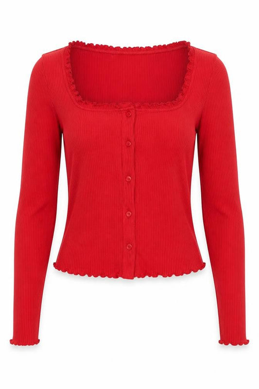 Boux Avenue Women Red UK 8 Ribbed Square Neck Button-Up Top