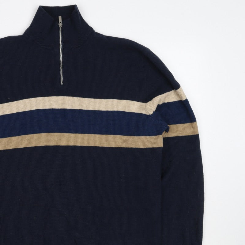 Next Men’s Navy Stripe 1/4 Zip High Neck Cotton Jumper Size M