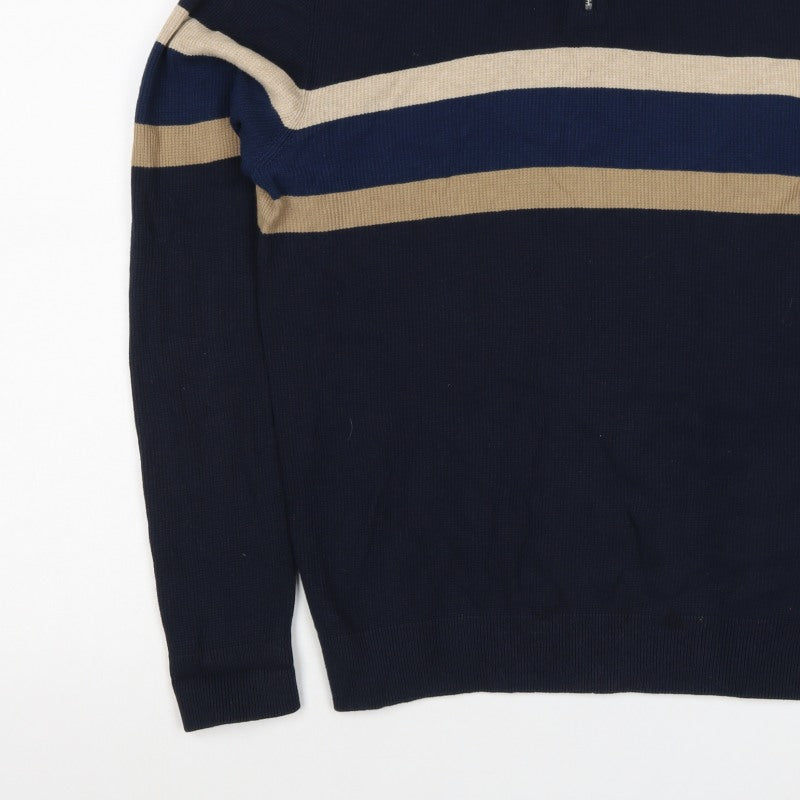 Next Men’s Navy Stripe 1/4 Zip High Neck Cotton Jumper Size M