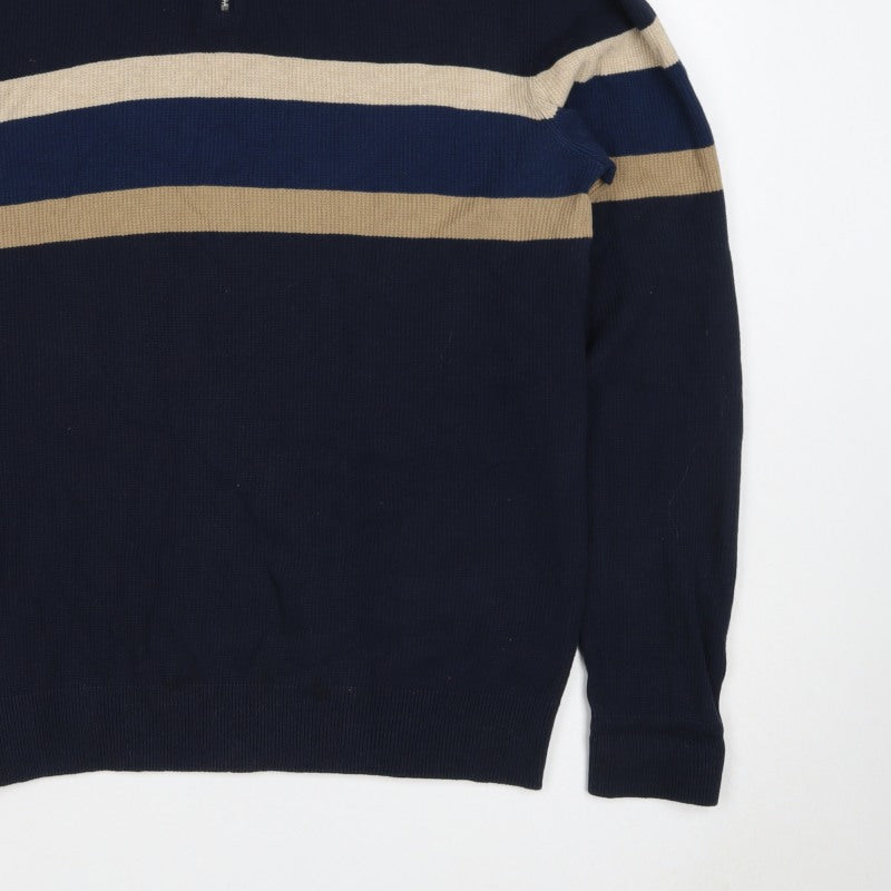 Next Men’s Navy Stripe 1/4 Zip High Neck Cotton Jumper Size M