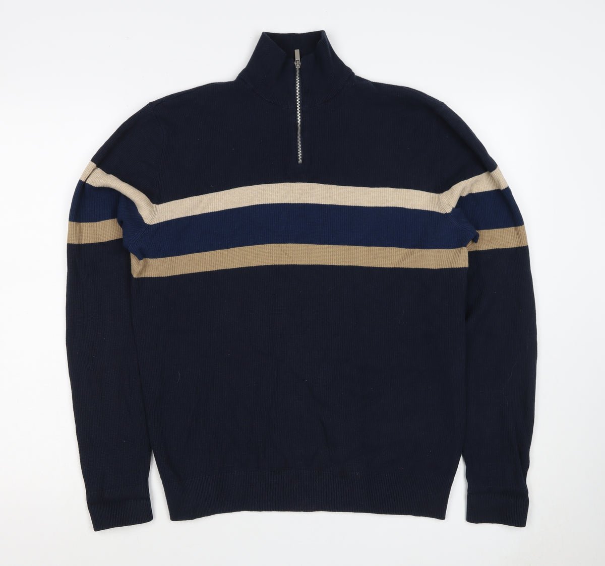 Next Men’s Navy Stripe 1/4 Zip High Neck Cotton Jumper Size M