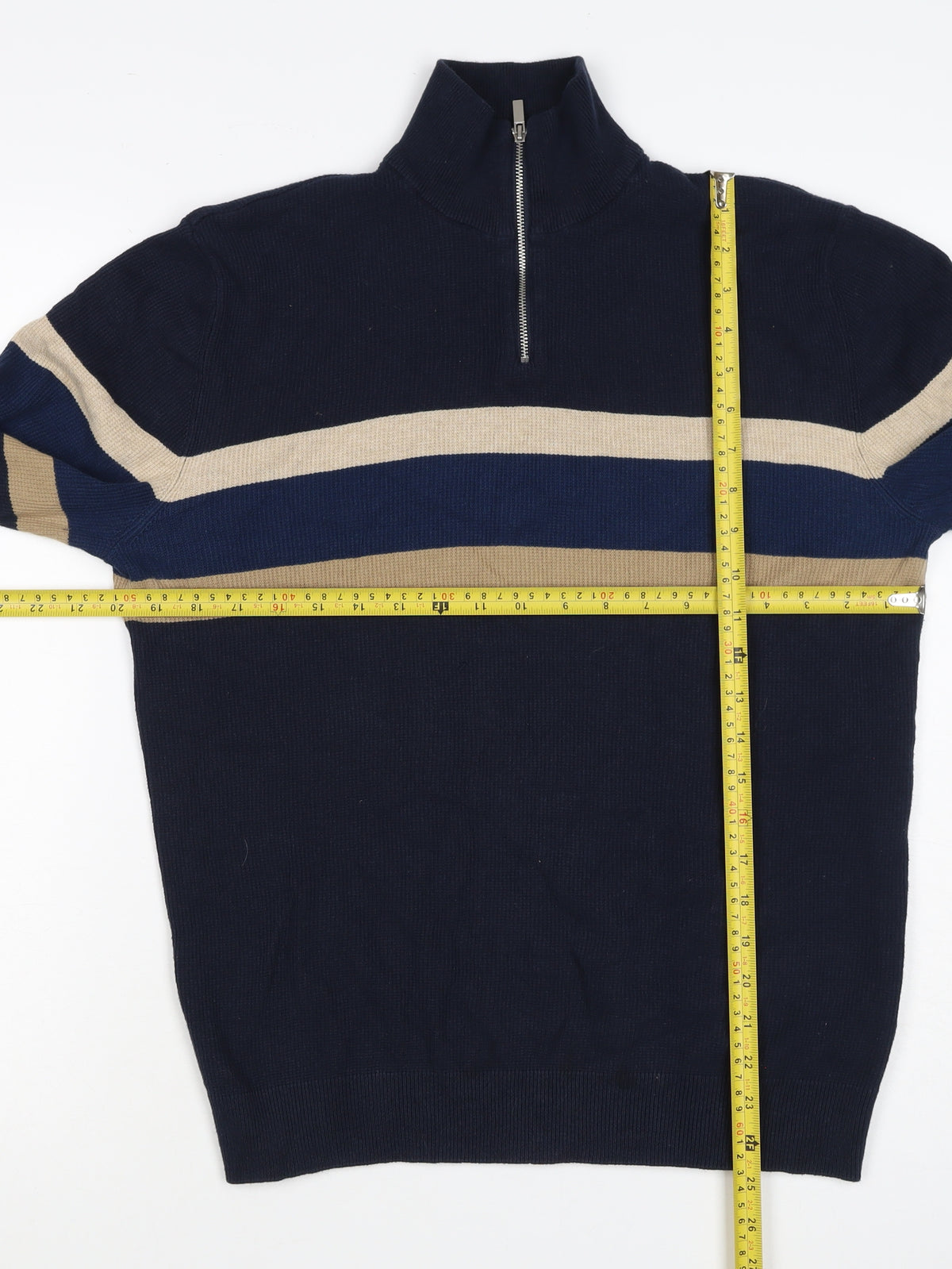 Next Men’s Navy Stripe 1/4 Zip High Neck Cotton Jumper Size M