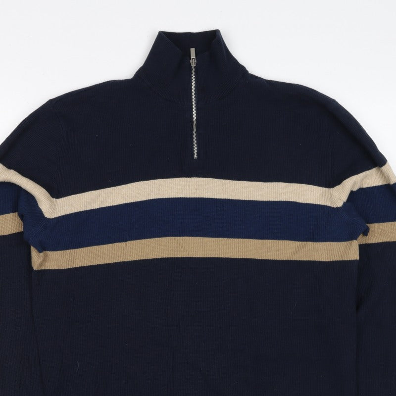 Next Men’s Navy Stripe 1/4 Zip High Neck Cotton Jumper Size M