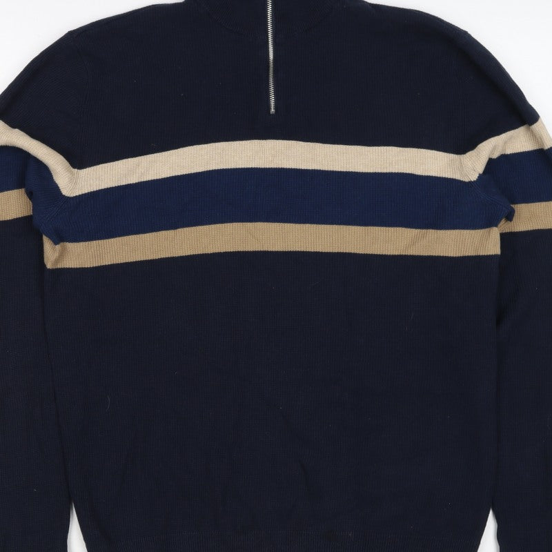 Next Men’s Navy Stripe 1/4 Zip High Neck Cotton Jumper Size M