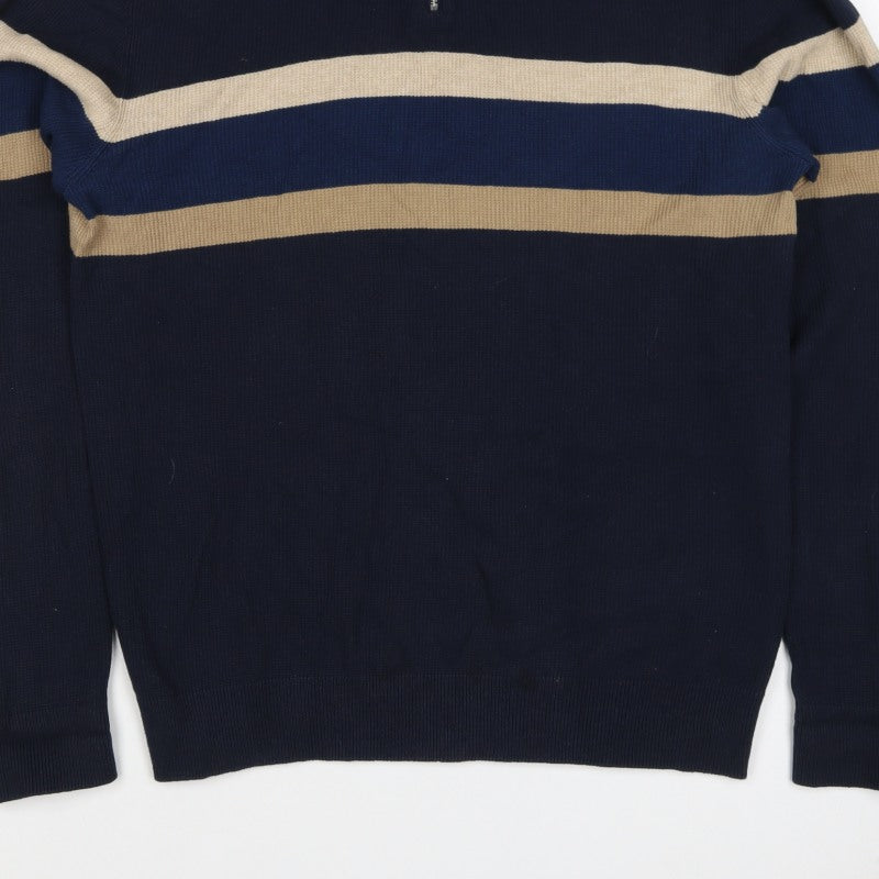 Next Men’s Navy Stripe 1/4 Zip High Neck Cotton Jumper Size M