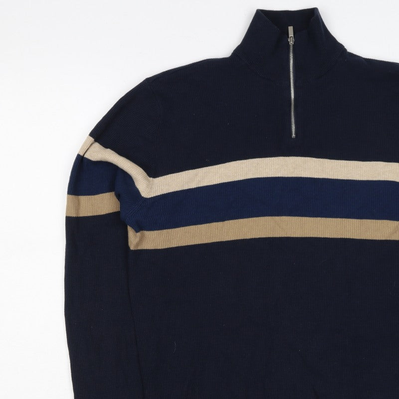 Next Men’s Navy Stripe 1/4 Zip High Neck Cotton Jumper Size M