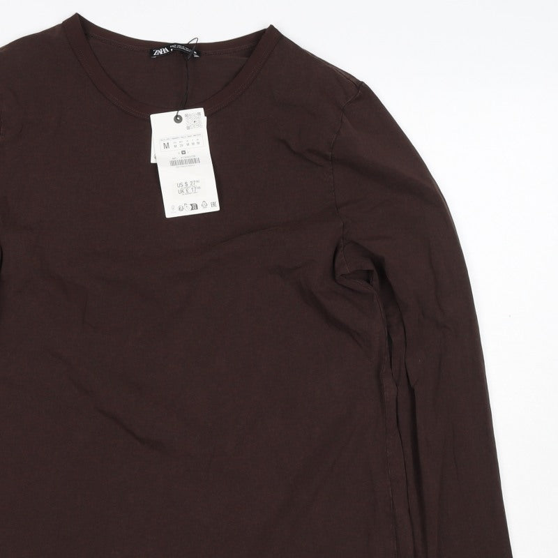 Zara Women Brown M Basic Stretch Jersey Long Sleeve Crew Neck T-Shirt