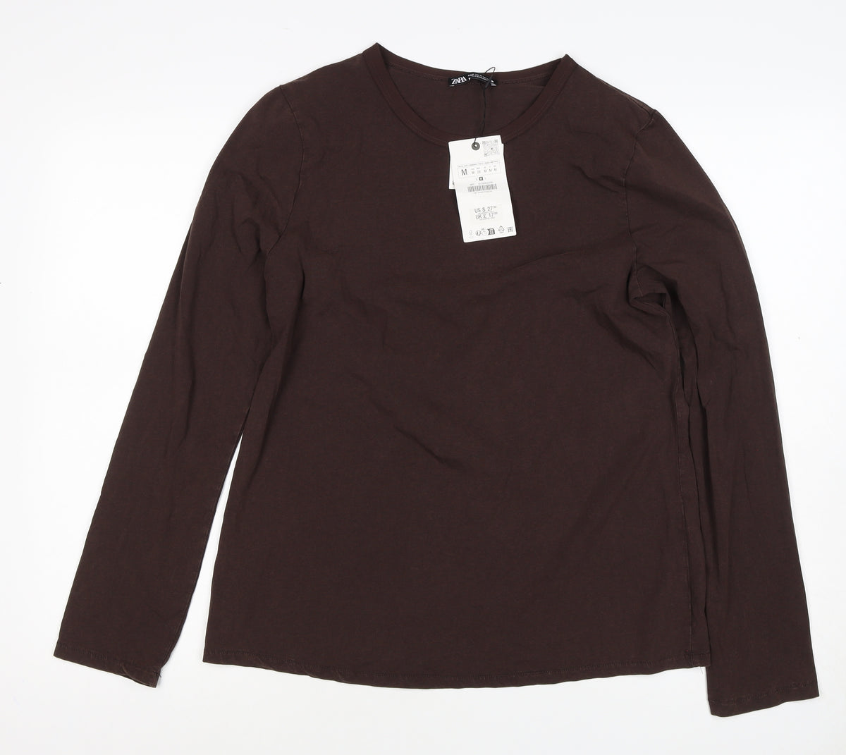 Zara Women Brown M Basic Stretch Jersey Long Sleeve Crew Neck T-Shirt