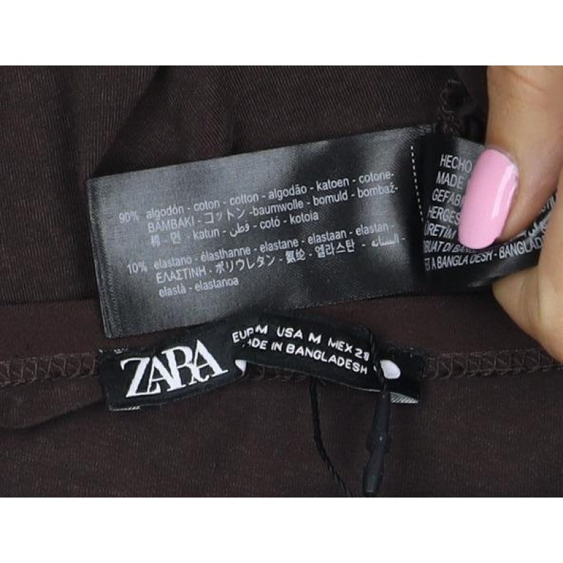 Zara Women Brown M Basic Stretch Jersey Long Sleeve Crew Neck T-Shirt