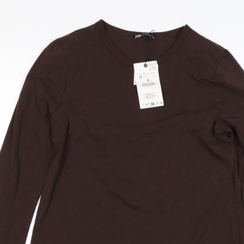 Zara Women Brown M Basic Stretch Jersey Long Sleeve Crew Neck T-Shirt