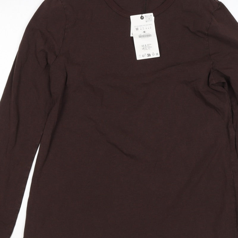 Zara Women Brown M Basic Stretch Jersey Long Sleeve Crew Neck T-Shirt