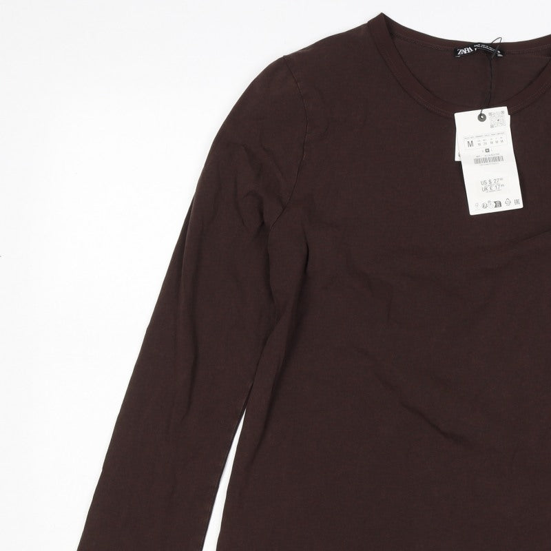 Zara Women Brown M Basic Stretch Jersey Long Sleeve Crew Neck T-Shirt
