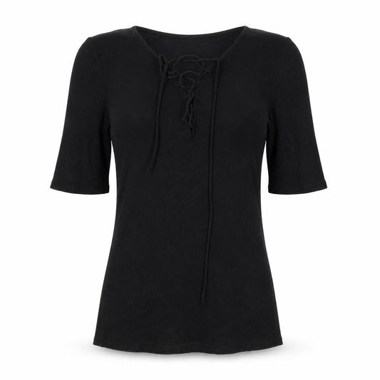 Express Women Black M Lace-Up Ribbed Tunic Blouse 3/4 Bell Sleeve