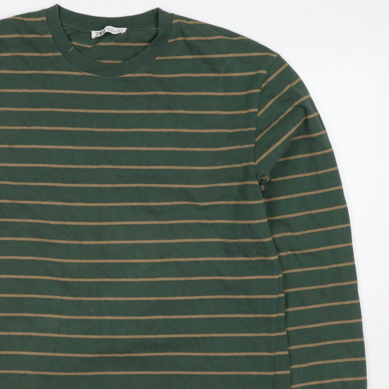 Zara Men Green Brown Striped L Pullover Crew Neck Cotton Sweatshirt