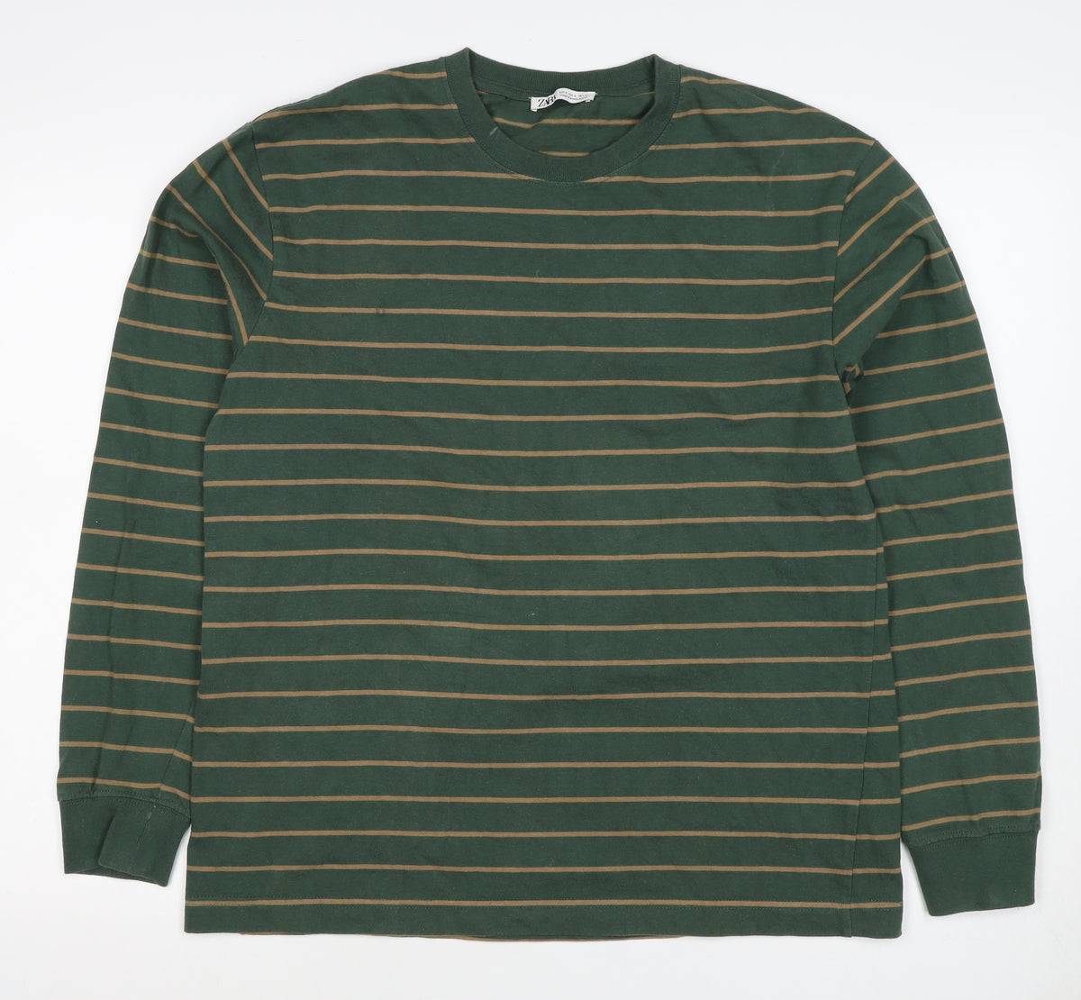 Zara Men Green Brown Striped L Pullover Crew Neck Cotton Sweatshirt