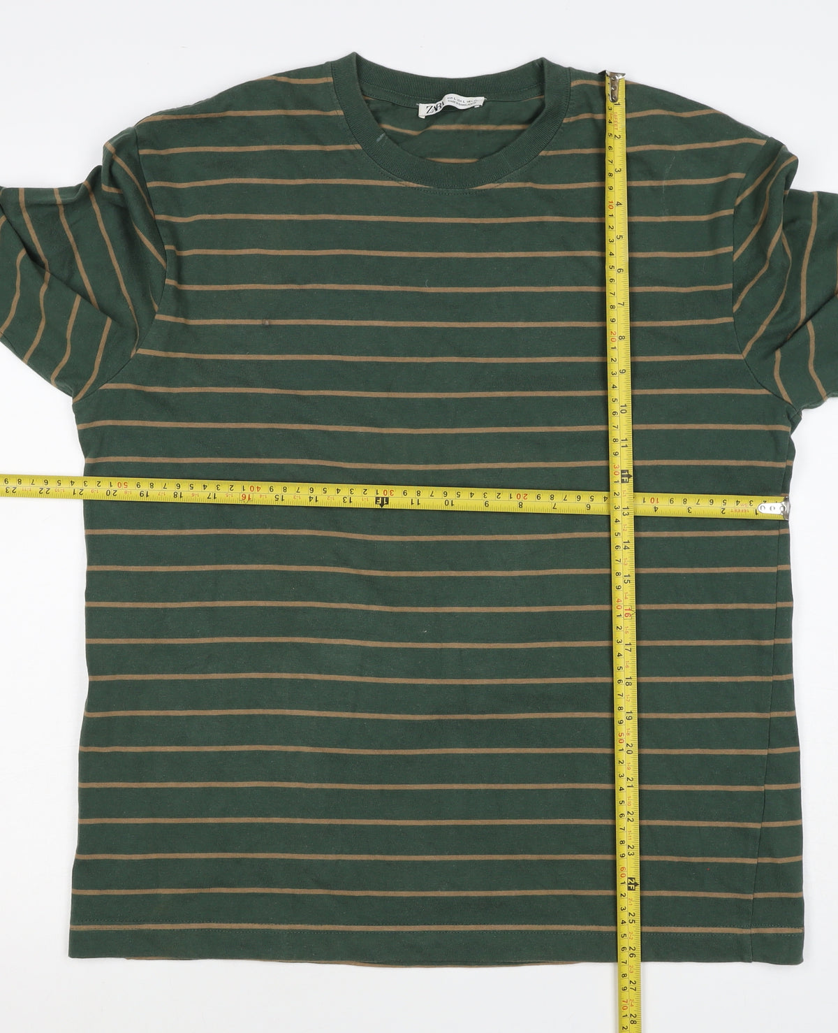 Zara Men Green Brown Striped L Pullover Crew Neck Cotton Sweatshirt