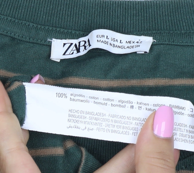 Zara Men Green Brown Striped L Pullover Crew Neck Cotton Sweatshirt