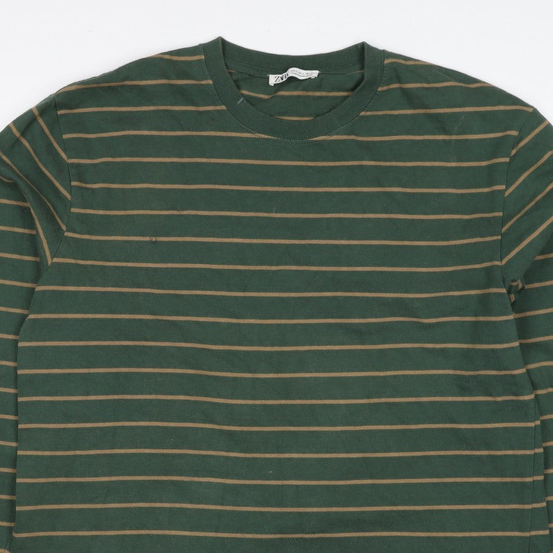 Zara Men Green Brown Striped L Pullover Crew Neck Cotton Sweatshirt