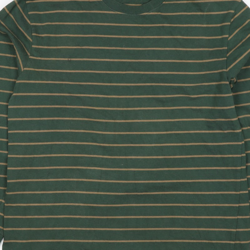 Zara Men Green Brown Striped L Pullover Crew Neck Cotton Sweatshirt