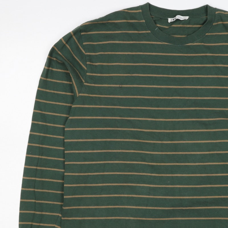 Zara Men Green Brown Striped L Pullover Crew Neck Cotton Sweatshirt