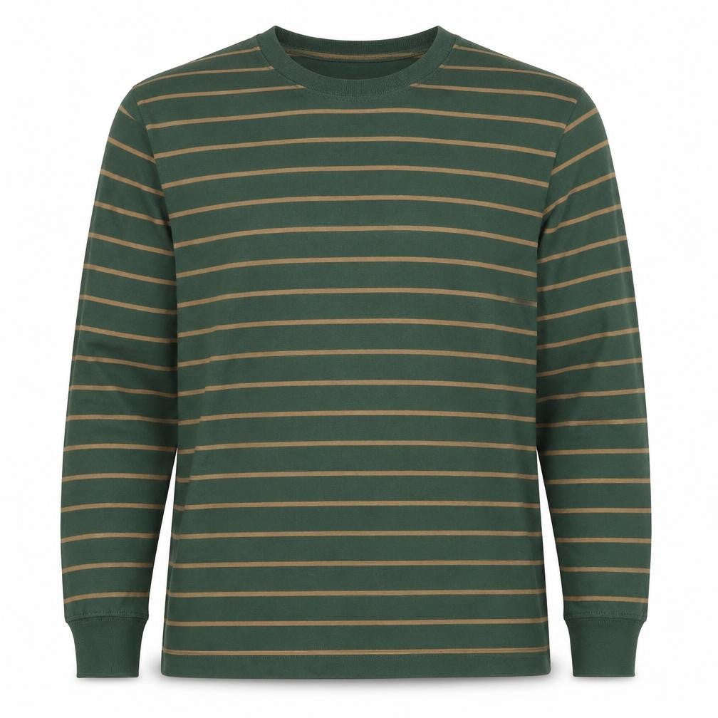 Zara Men Green Brown Striped L Pullover Crew Neck Cotton Sweatshirt