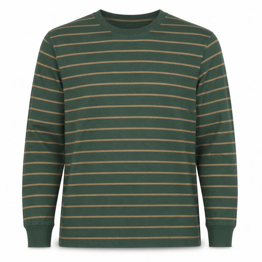 Zara Men Green Brown Striped L Pullover Crew Neck Cotton Sweatshirt