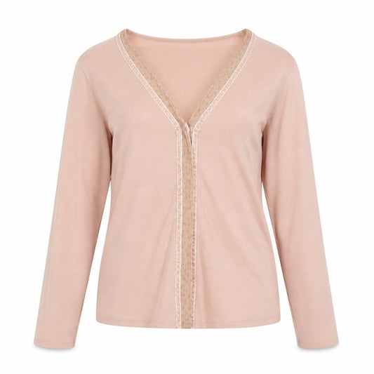 Principles Women’s Pink Size 14 Floral Trim V-Neck Long Sleeve Cotton Top