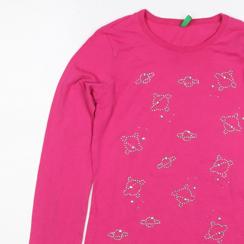 Benetton Teens Pink XL Rhinestone Long Sleeve Basic T-Shirt