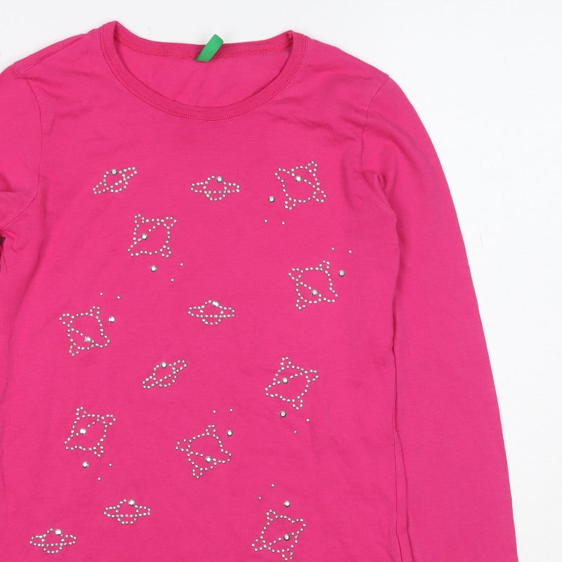 Benetton Teens Pink XL Rhinestone Long Sleeve Basic T-Shirt