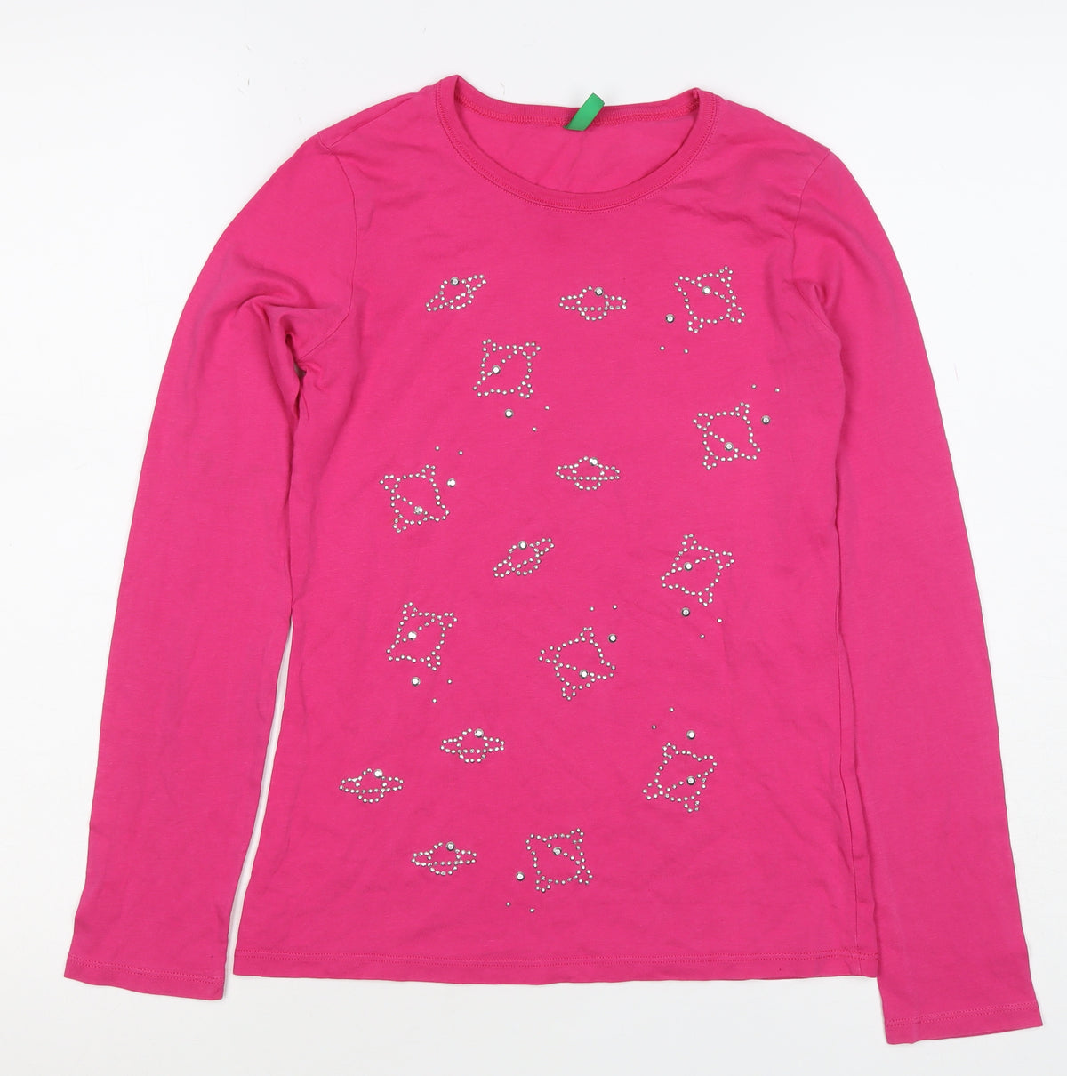 Benetton Teens Pink XL Rhinestone Long Sleeve Basic T-Shirt