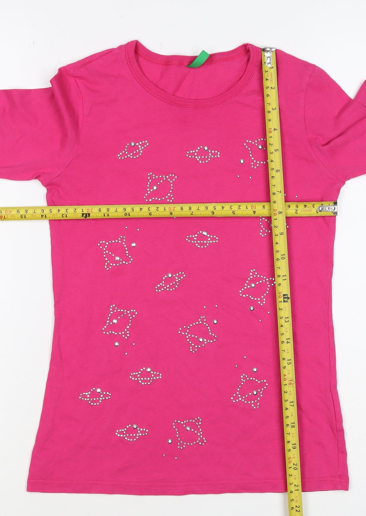 Benetton Teens Pink XL Rhinestone Long Sleeve Basic T-Shirt