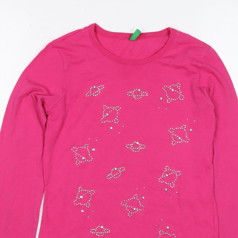 Benetton Teens Pink XL Rhinestone Long Sleeve Basic T-Shirt