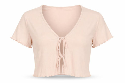 Monki Women Pink UK 12 Ribbed Tie Front Wrap Blouse Short Sleeve