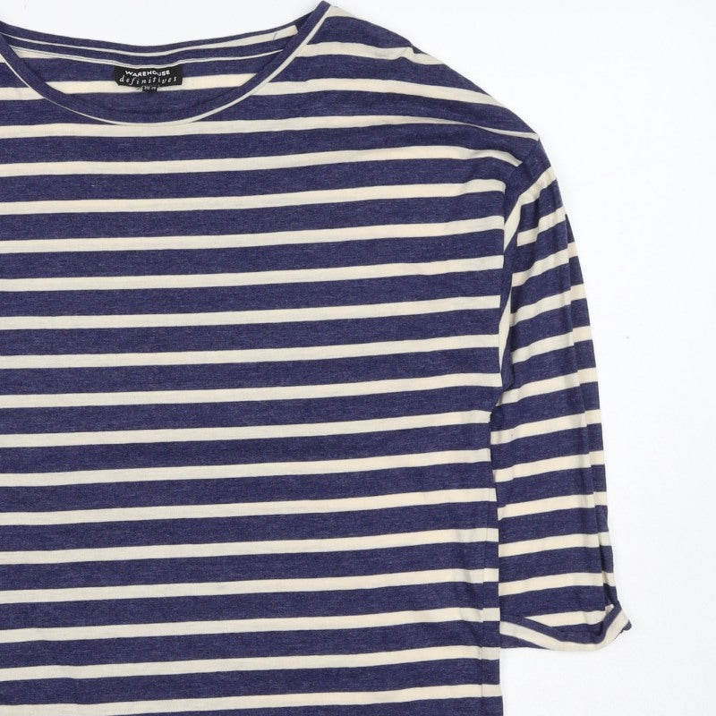 Warehouse Women’s Blue Stripe UK 10 Basic Jersey 3/4 Sleeve T-Shirt