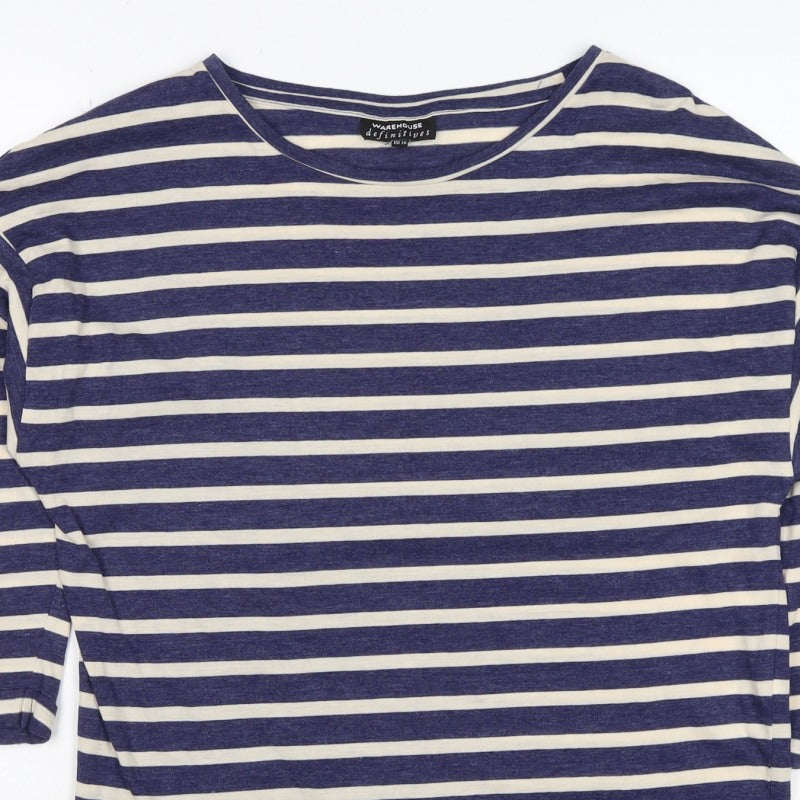 Warehouse Women’s Blue Stripe UK 10 Basic Jersey 3/4 Sleeve T-Shirt