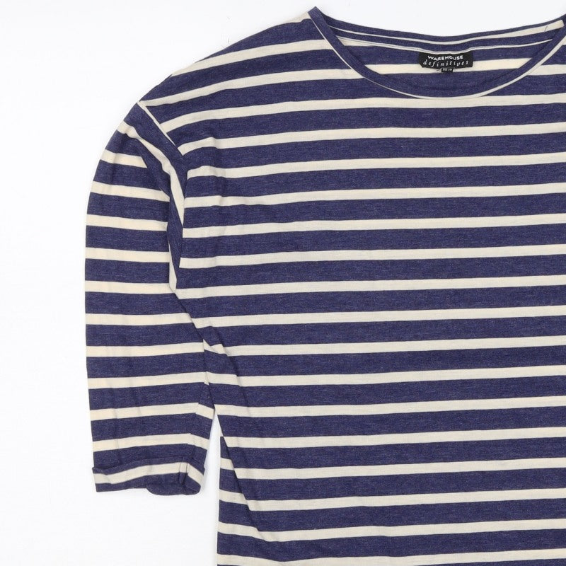 Warehouse Women’s Blue Stripe UK 10 Basic Jersey 3/4 Sleeve T-Shirt