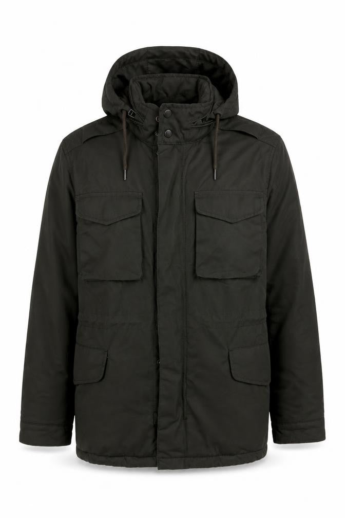 TU Man Men's Black M Hooded Padded Parka Jacket Multi Pocket