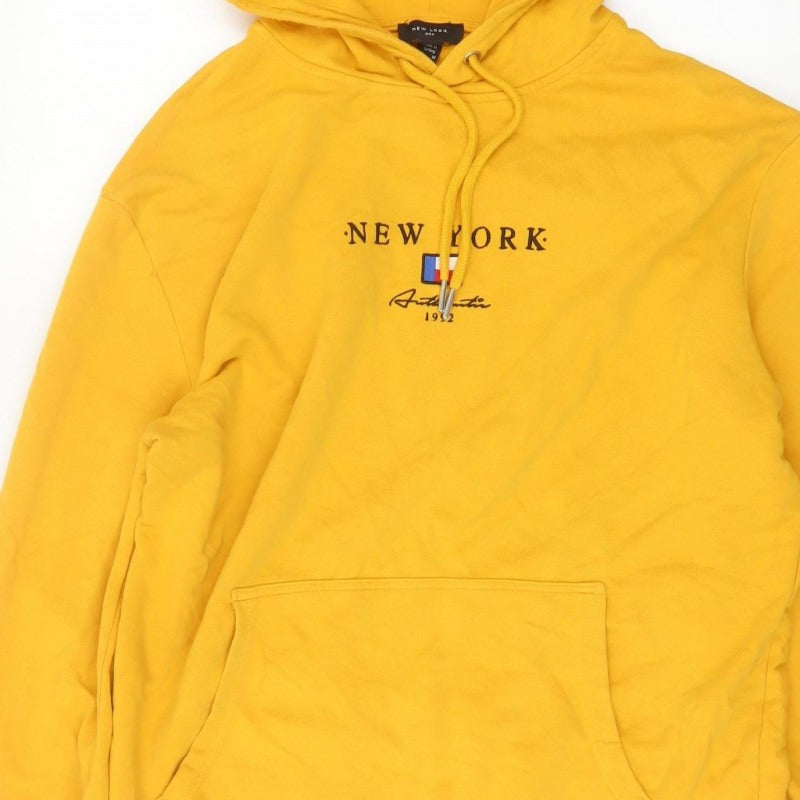 New Look Men Yellow M New York Embroidered Pullover Hoodie