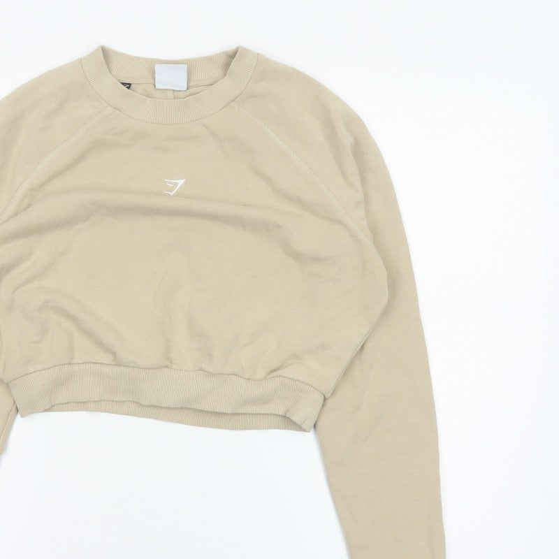 Gymshark Women Beige M Cropped Raglan Logo Sweatshirt