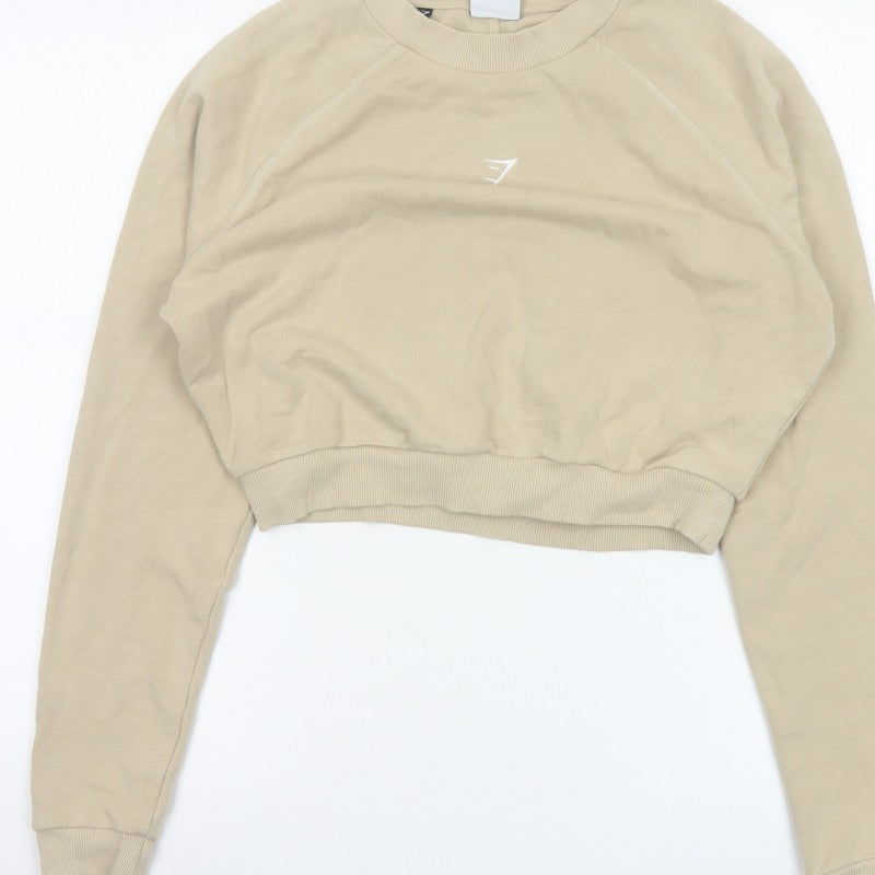 Gymshark Women Beige M Cropped Raglan Logo Sweatshirt