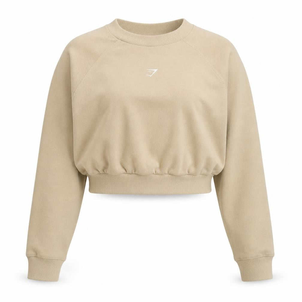 Gymshark Women Beige M Cropped Raglan Logo Sweatshirt