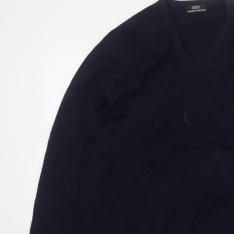 Marks & Spencer Men Blue M Lambswool V-Neck Classic Pullover Jumper