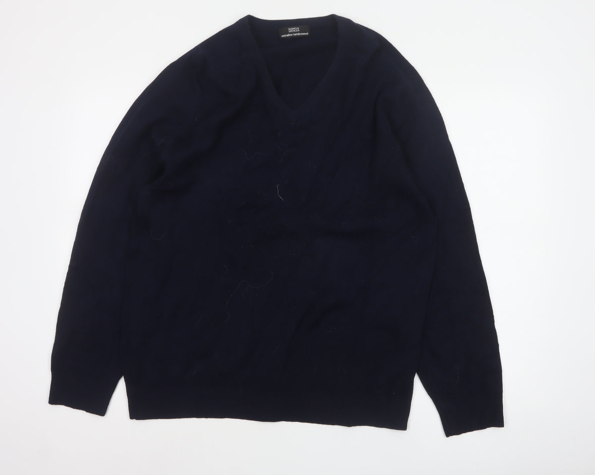 Marks & Spencer Men Blue M Lambswool V-Neck Classic Pullover Jumper