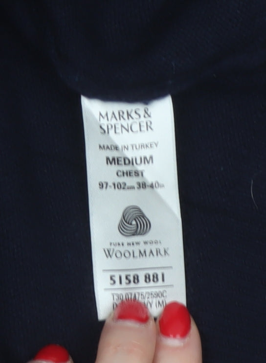 Marks & Spencer Men Blue M Lambswool V-Neck Classic Pullover Jumper