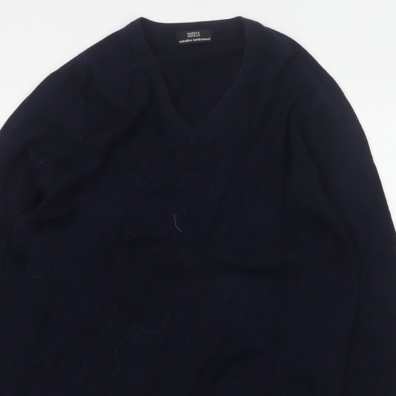 Marks & Spencer Men Blue M Lambswool V-Neck Classic Pullover Jumper